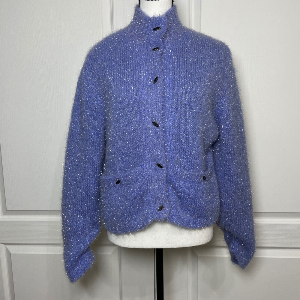 Jamie Sadock Womens Cardigan Sweater Medium Purple Fuzzy Knit Button Down Lined - Picture 8 of 11